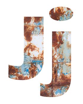 Rusty metal letter J. Old metal alphabet isolated on white background.