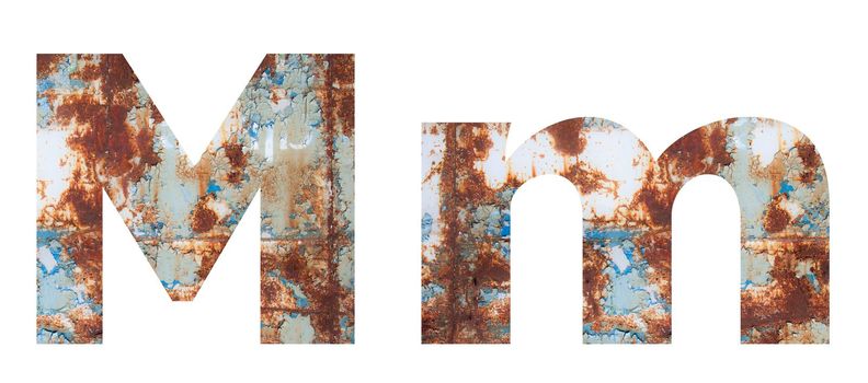 Rusty metal letter M. Old metal alphabet isolated on white background.