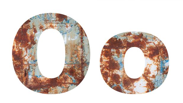 Rusty metal letter O. Old metal alphabet isolated on white background.