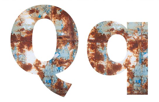 Rusty metal letter Q. Old metal alphabet isolated on white background.