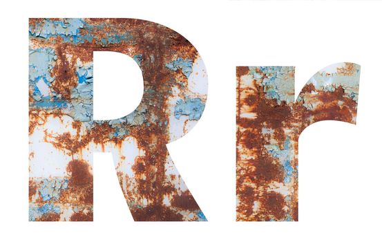 Rusty metal letter R. Old metal alphabet isolated on white background.
