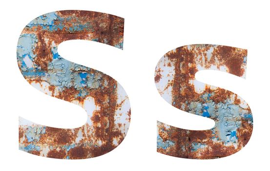 Rusty metal letter S. Old metal alphabet isolated on white background.