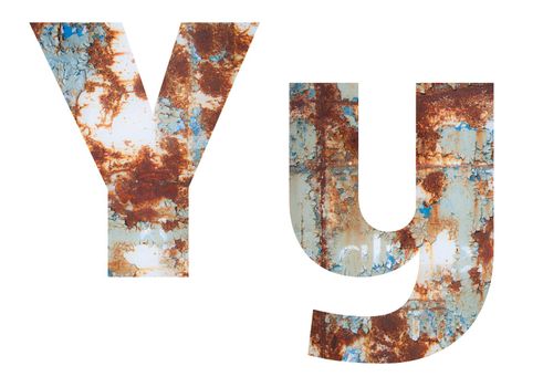 Rusty metal letter Y. Old metal alphabet isolated on white background.