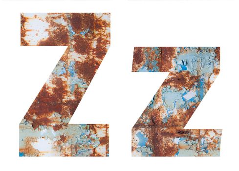 Rusty metal letter Z. Old metal alphabet isolated on white background.