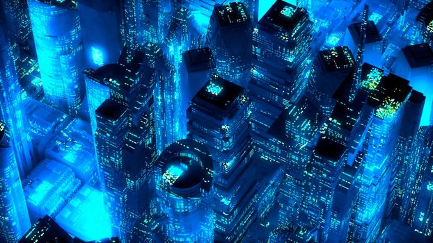 Blue neon city skyscrapers modern technology concept