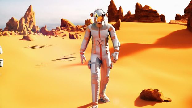 Astronaut on the Mars returns to his mars Rover after the exploration of planet.. 3D rendering