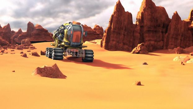 MarsRover on the red planet. A futuristic concept of a colonization of Red Planet. 3D rendering