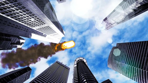 Meteorite flying over the city 3D rendering
