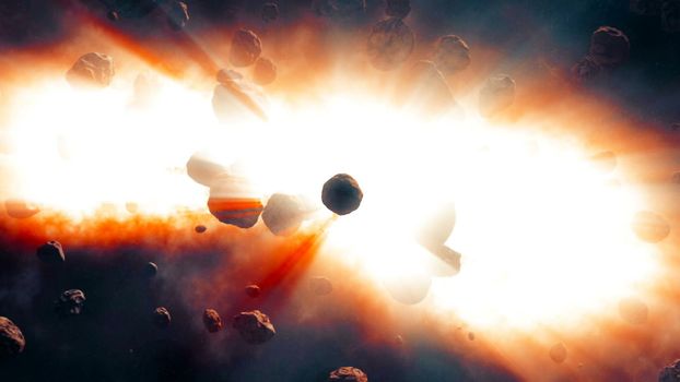 Asteroids coming close from deep space. 3D rendering