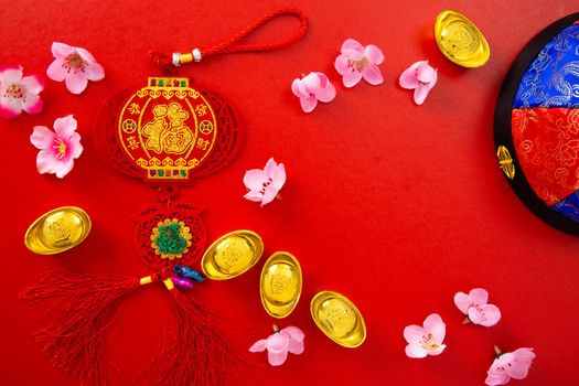 Prosperity and Spring. Flat lay Chinese new year