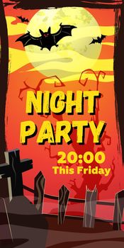 Night Party This Friday lettering. Bats flying over graveyard