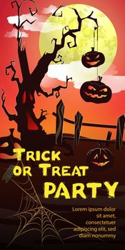 Trick or Treat Party lettering. Pumpkins hanging on tree, cobweb