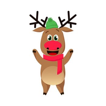 Cheerful reindeer in hat and scarf waving hooves