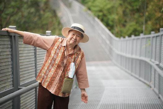 old elderly female elder woman traveller traveling on footbridge in park. senior lifestyle