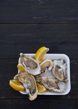 Portion of fresh open oysters with lemon on table