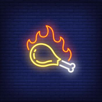 Grilled chicken drumstick with fire flame neon sign