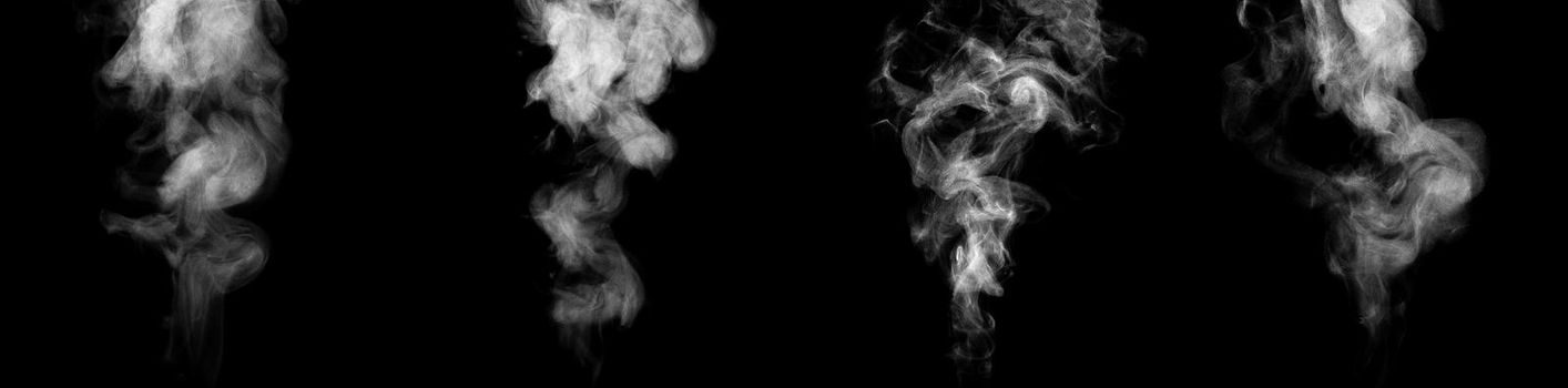Set of streams of steam isolated on black background
