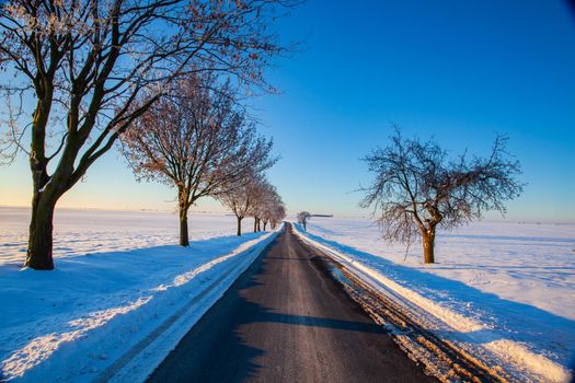 Empty road through snow-covered field after a blizzard at sunrise.