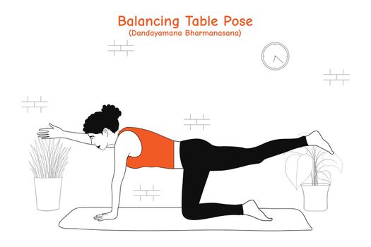 Woman doing yoga asana balancing table pose or dandayamana bharmanasana