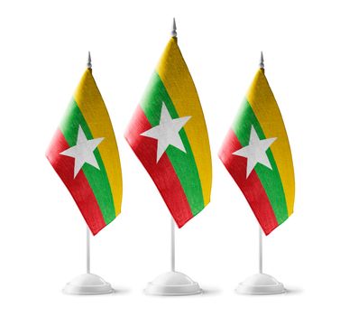 Small national flags of the Myanmar on a white background
