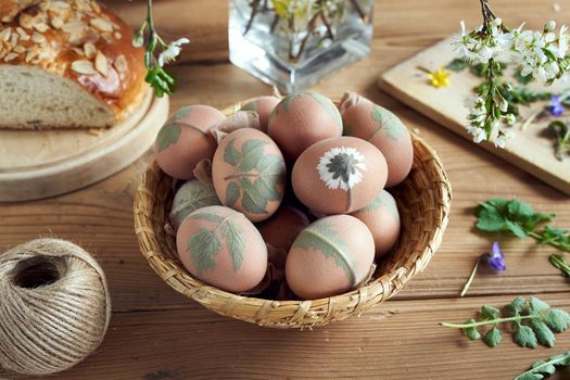 Preparation of Easter eggs for dying with onion peels in a basket