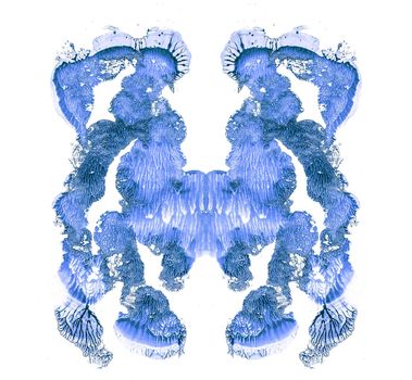 Rorschach test isolated on white illustration, random abstract blue background. Psycho diagnostic inkblot test.