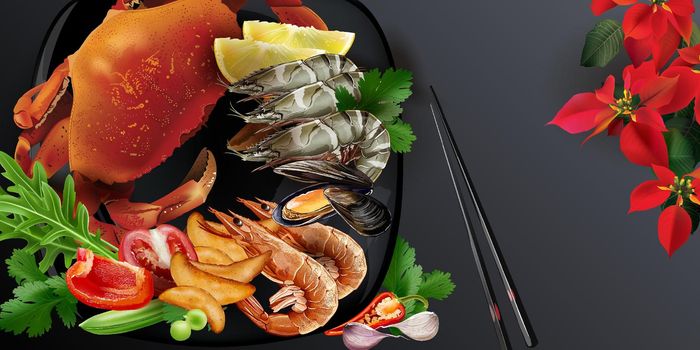 Japanese style seafood dish with crab and king prawns.