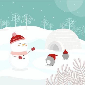 Vector character with snowman And penguins on snow