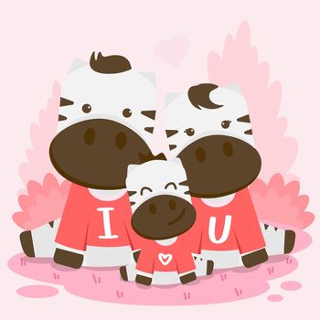 Cute Valentine's illustration cow and calf, sitting on the forest. celebrations vector with animals in valentine days.