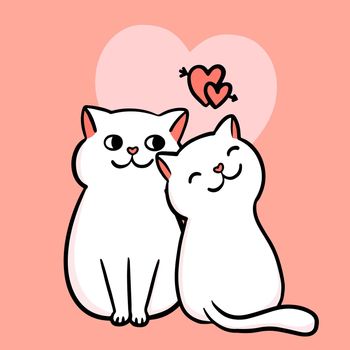 Valentine's card. Doodle two cats couple in a heart shape background. Romantic vector. Celebration poster. Be mine.