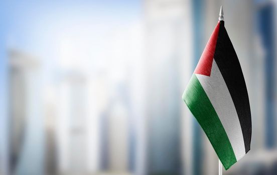 A small flag of Palestine on the background of a blurred background
