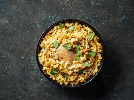 Pakistani chicken biryani rice, top view