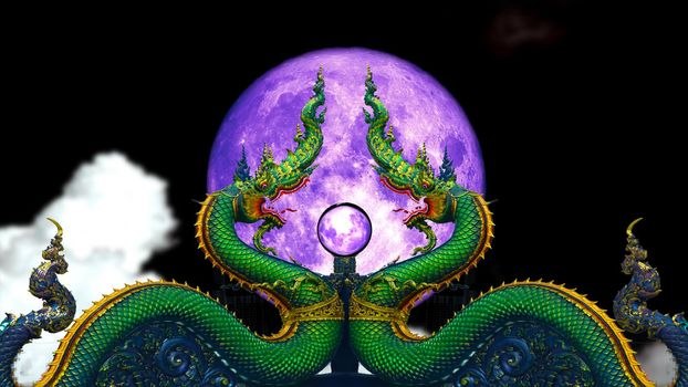 reflection violet moon and cloud on crystal ball and twin naga on the night sky time lapse