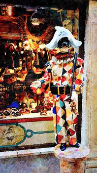 the statue of Harlequin and the carnival masks in a small street in the historic center of Venice