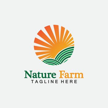 Nature Farm and farming vector logo illustration design. sun farm.Isolated illustration of fields farm landscape and sun. Concept for agriculture ,harvesting ,natural farm, organic products.