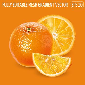 Whole orange with slices on an orange background.