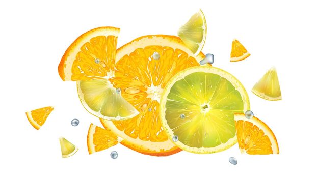 Orange and lemon slices and water droplets in flight.