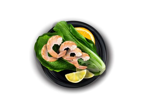 Shrimp with citrus on a black plate.