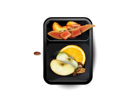 Assorted fruits and nuts in a lunchbox.