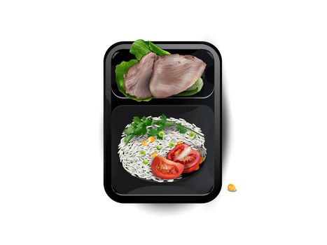 Boiled meat with rice and vegetables in a lunchbox.