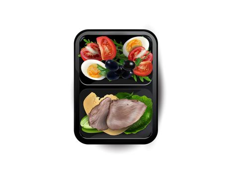 Boiled meat with egg, cheese and vegetables in a lunchbox.