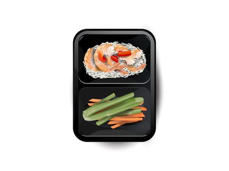 Shrimps with rice and vegetables in a lunchbox.