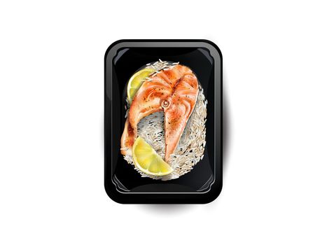 Salmon steak with rice and lemon slices in a lunchbox.