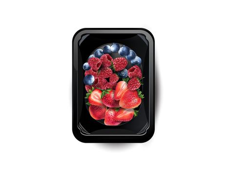 Blueberries, raspberries and strawberries in a lunchbox.