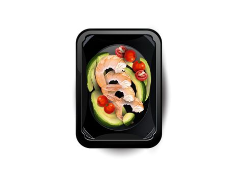 Shrimps with avocado and cherry tomatoes in a lunchbox.