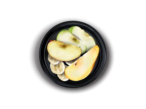 Apple, pear and banana slices on a black plate.