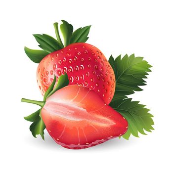 Ripe strawberries with leaves on a white background.