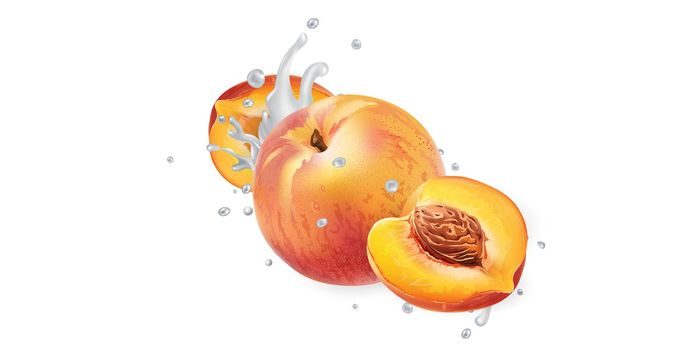 Peaches in splashes of milk or yogurt.
