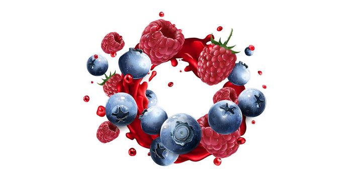 Blueberries and raspberries in a splash of red fruit juice.