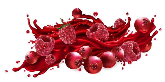 Splash of fruit juice with cranberries and raspberries.